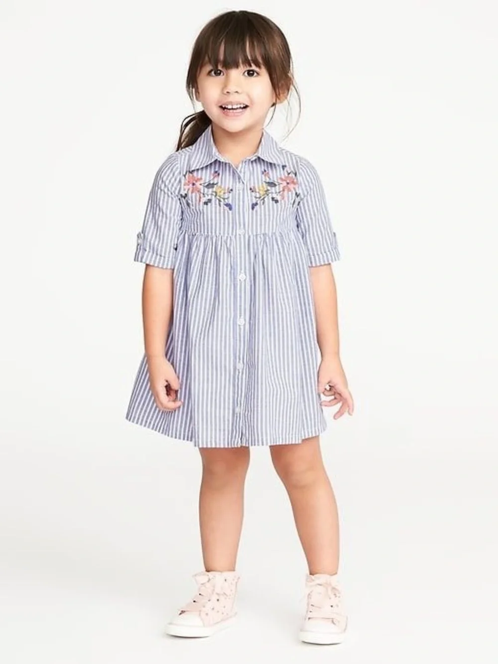 Old Navy Girls 18-24M Blue and White Striped Floral Embroidered Dress.